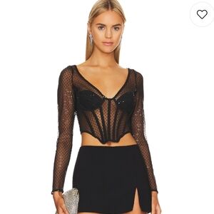 Revolve Bardot Sequin Mesh Corset Top Black Medium NWT
